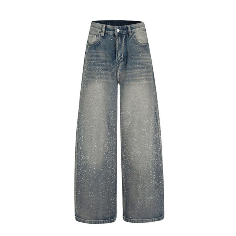 Women wide high-cut palazzo jeans with glitter effect and vintage wash Chichicherry