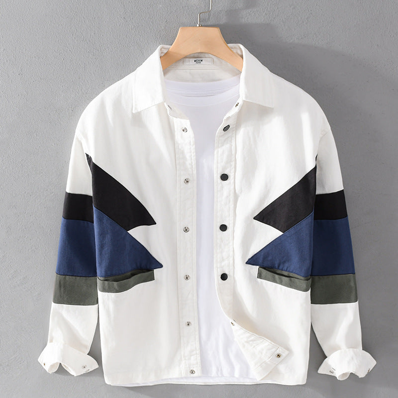 Men's Cotton Overshirt in Layering Style with Geometric Colorblock Inserts and Snap Button Placket Chichicherry