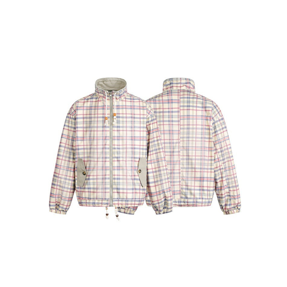 Women's lightly padded checkered boxy bomber jacket with drawstring hem, wooden bead cord and patch pockets Chichicherry