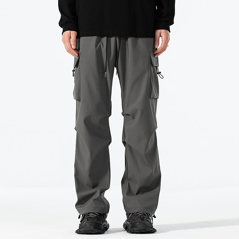 Men's Loose-Fitting Cargo Utility Pants with Drawstring Waist and Multiple Pockets Chichicherry