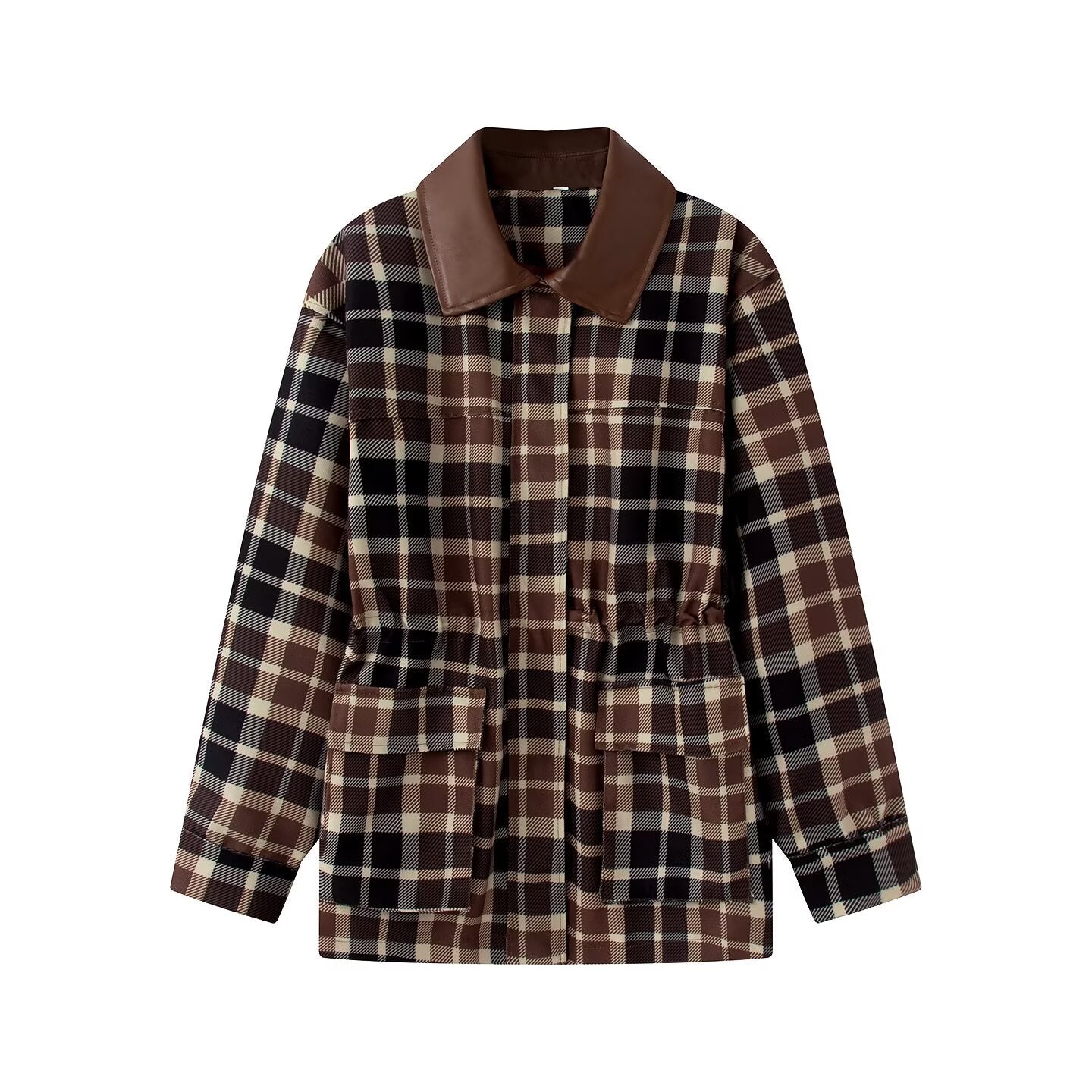 Women Checked Jacket with Faux Leather Collar, Drawstring Waist and Flap Pockets Chichicherry