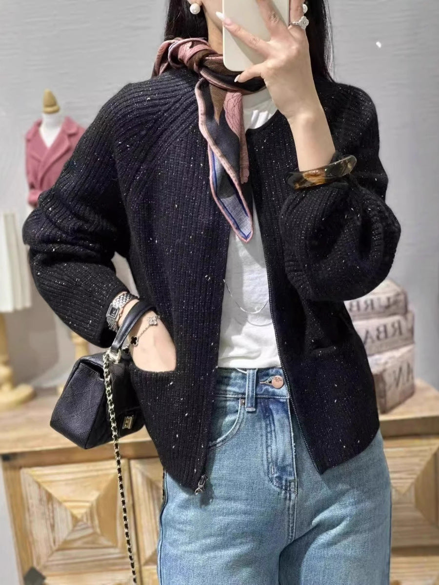 Women Short-Cut Boxy Cardigan with Ribbed Fine Knit Balloon Sleeves and Attached Pockets Chichicherry