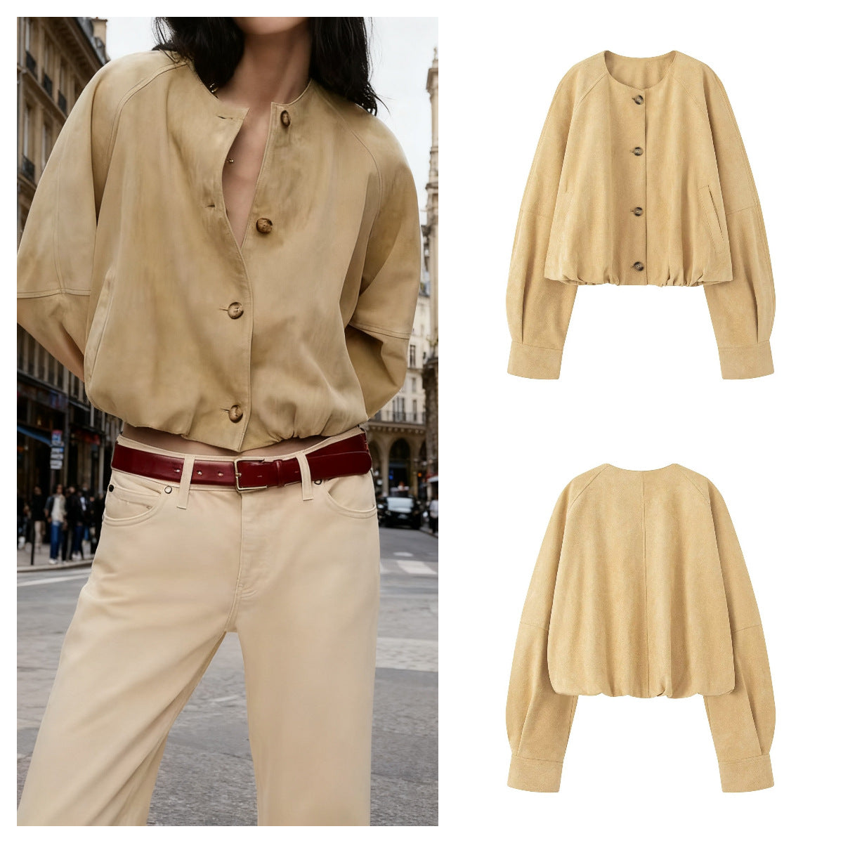 Women's short jacket in velour look with round neckline, balloon sleeves, and elastic hem Chichicherry