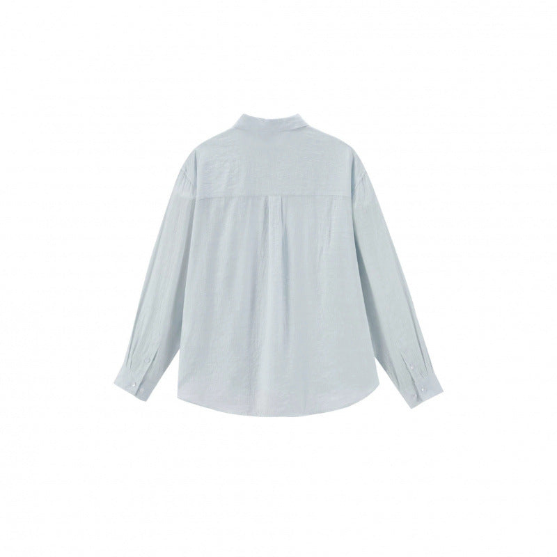 Women's Loose Textured Linen-Cotton Shirt with Kent Collar and Rounded Hem Chichicherry