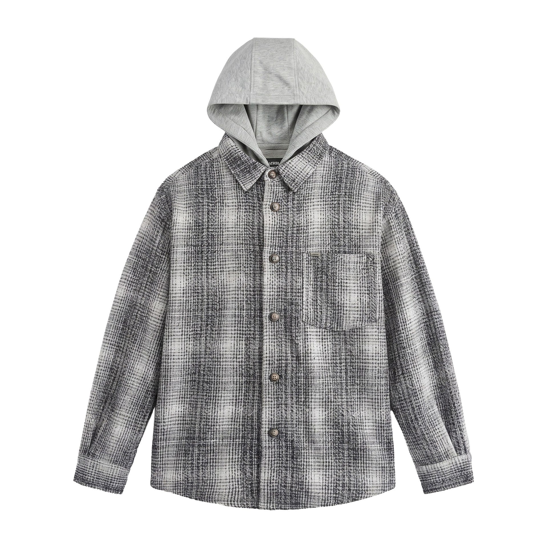 Men's Hooded Overshirt in Wool Blend with Check Pattern and Inserted Chest Pocket Chichicherry