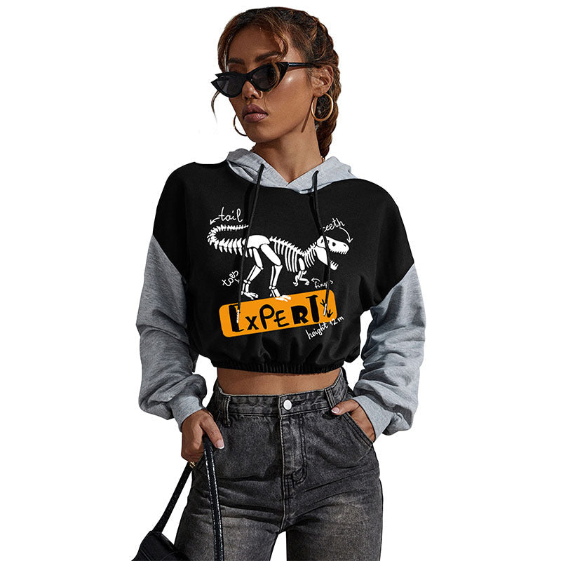 Women's short-cut color block hoodie with drawstring, elastic hem and print Chichicherry