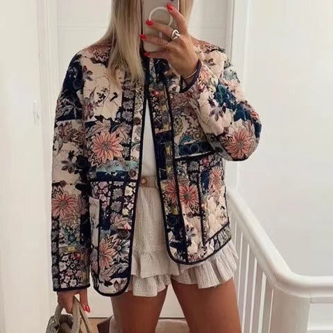 Women's Padded Quilted Jacket in Floral Patchwork Look Chichicherry