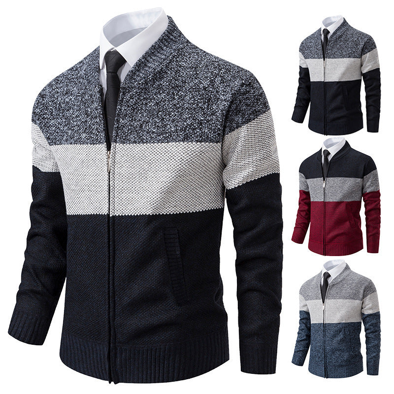 Men's Structured Block Stripe Cardigan with Front Zip, Stand Collar and Patch Pockets Chichicherry