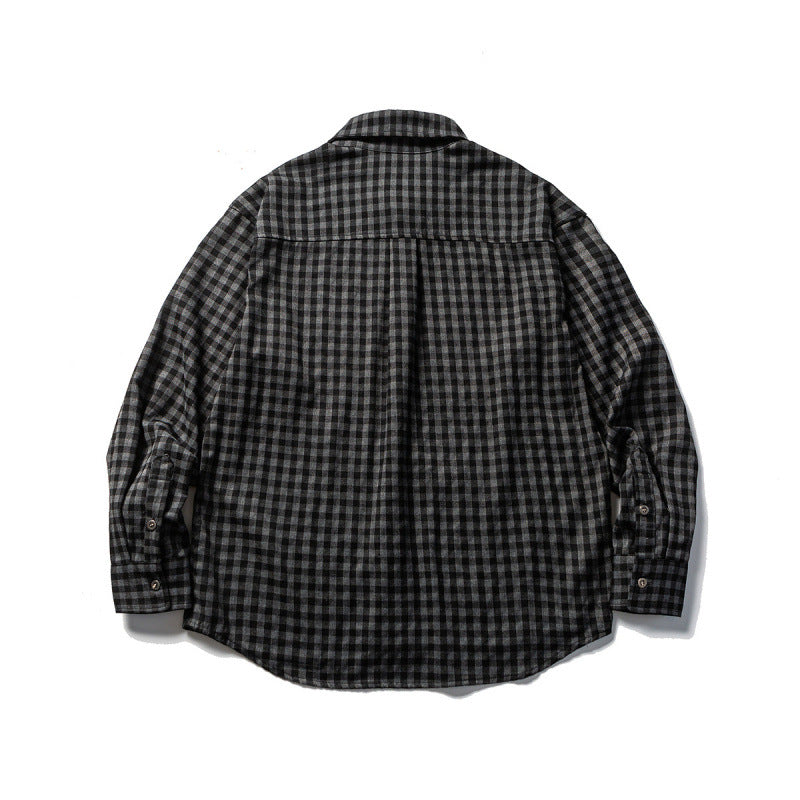 Unisex Oversize Check Flannel Shirt with Shirt Collar, Button Front and Rounded Hem Chichicherry