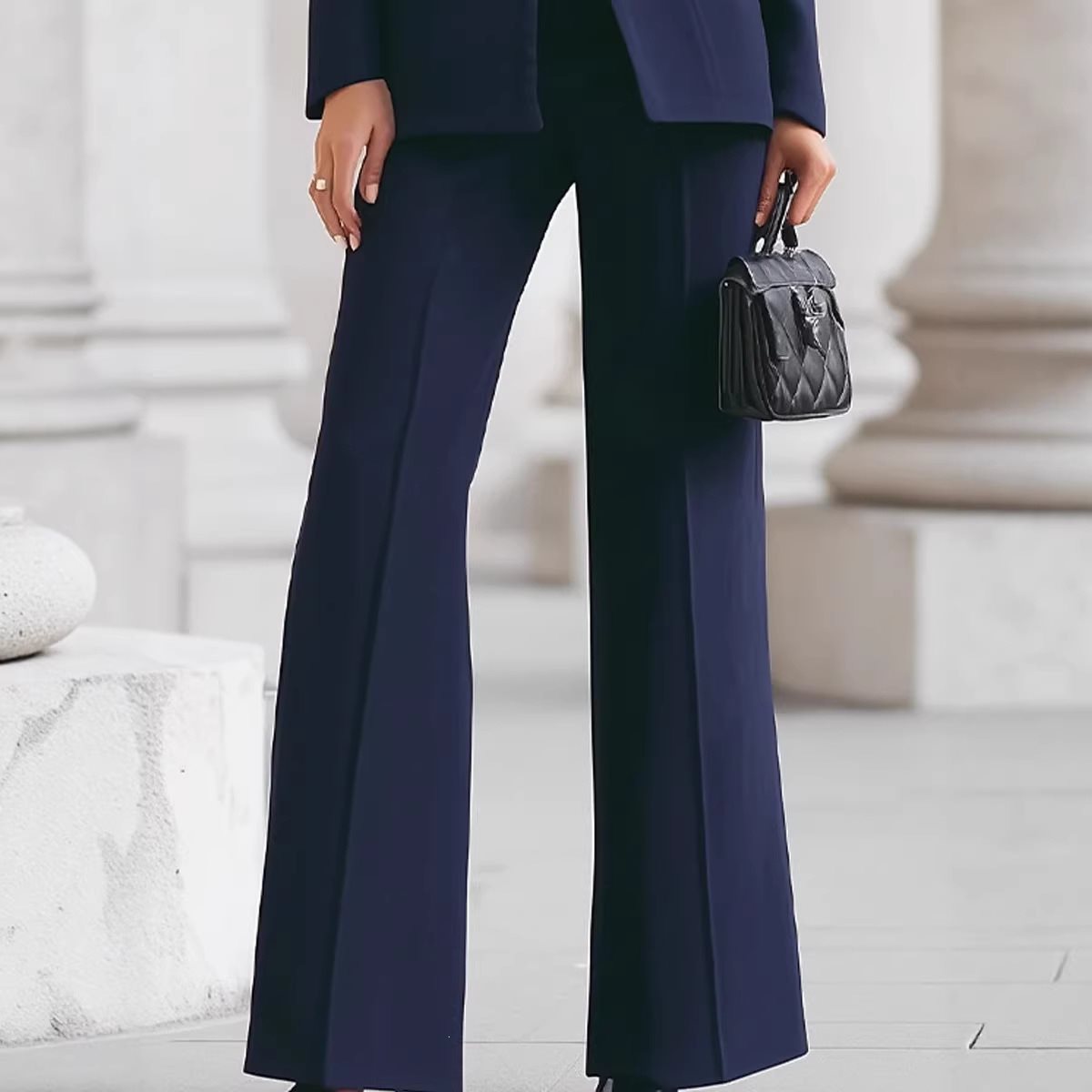 Women Tailored Blazer with Stand Collar and High-Waist Flared Pants Chichicherry