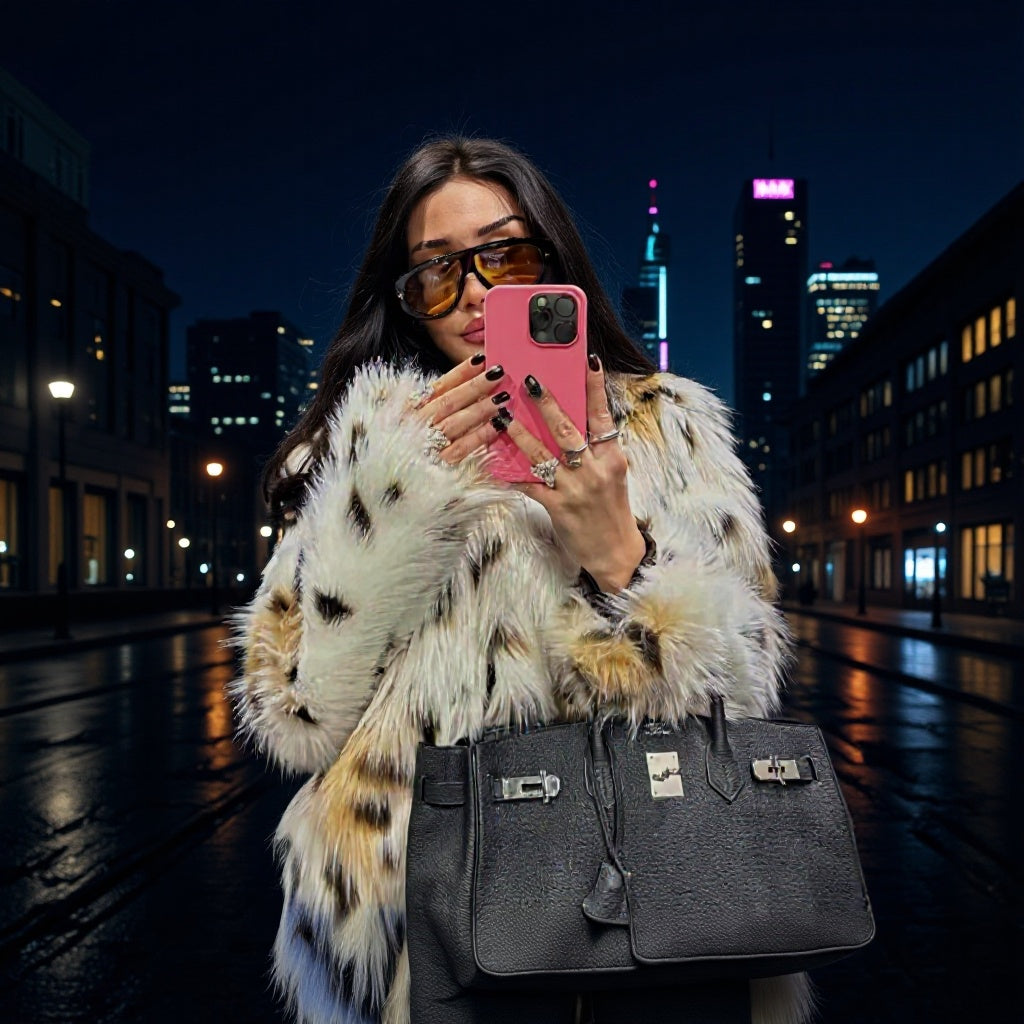 Women's Short Quilted Faux Fur Jacket with Leopard Spot Pattern and Stand-Up Collar Chichicherry