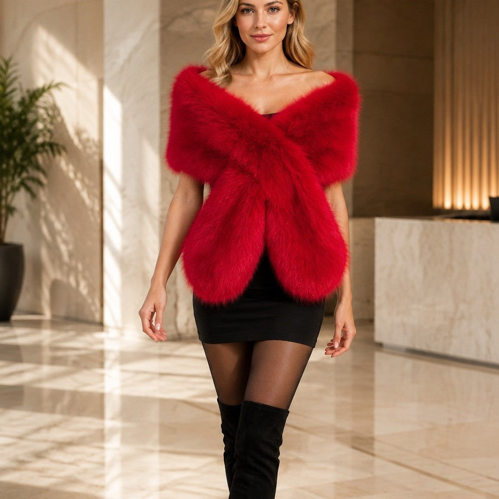 Women's Luxurious Reversible Faux Fur Shoulder Stole with V-Shape Chichicherry