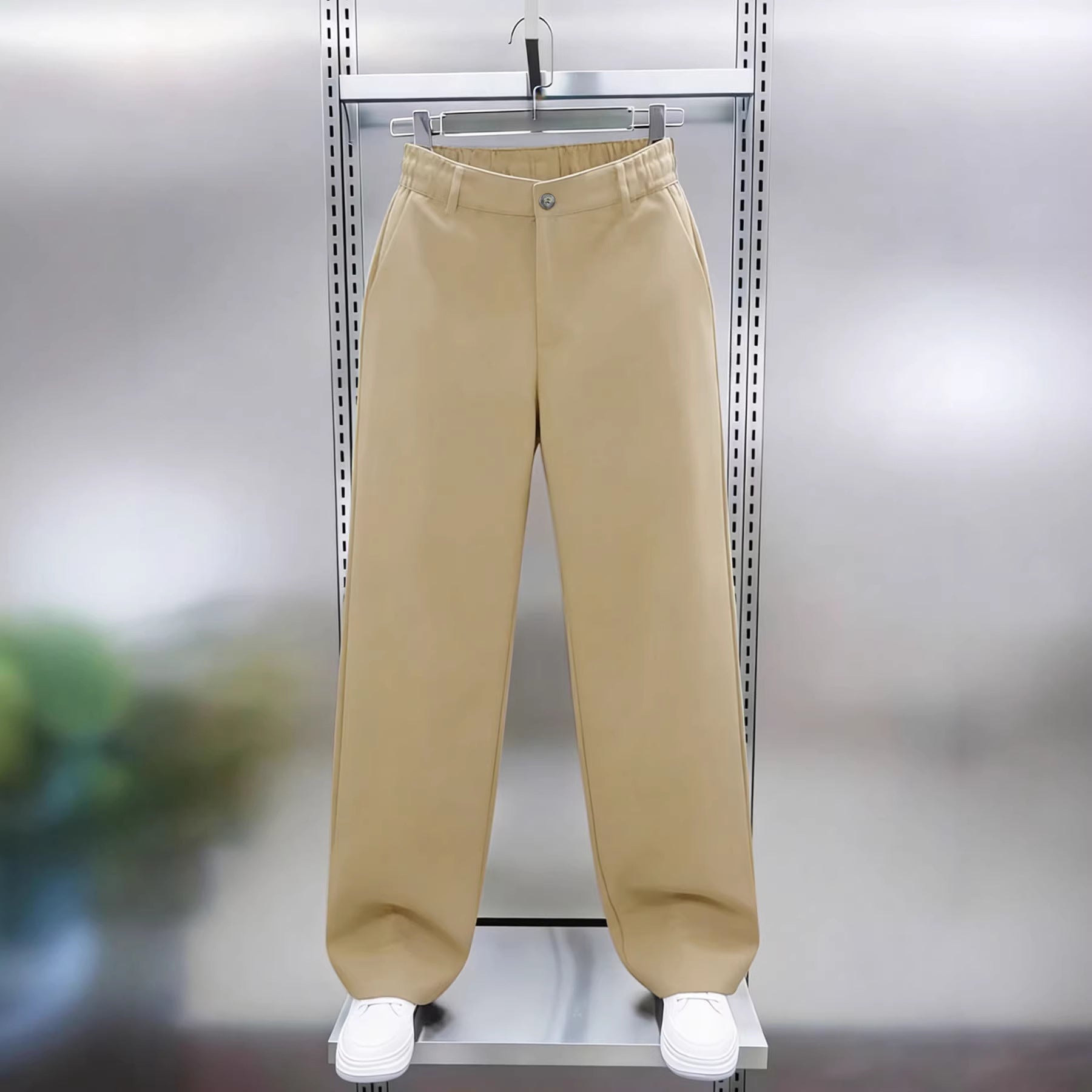 Men's Wide High-Waist Chino Pants with Elastic Back Waist, Straight Leg & Side Pockets Chichicherry