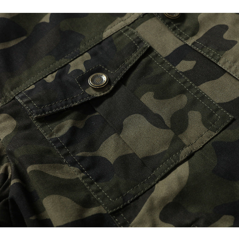 Men's Military Inspired Camouflage Print Transition Jacket with Zipper, Flap Pockets and Elastic Cuffs Chichicherry
