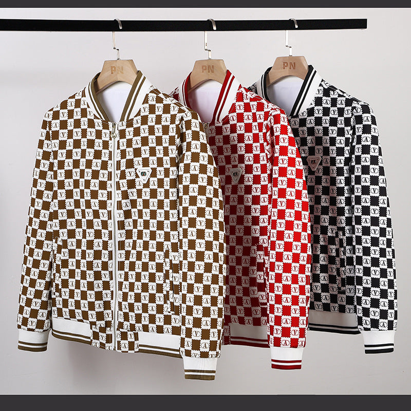 Men's Printed Bomber Jacket in Retro-Inspired Logo Pattern with Ribbed Cuffs Chichicherry