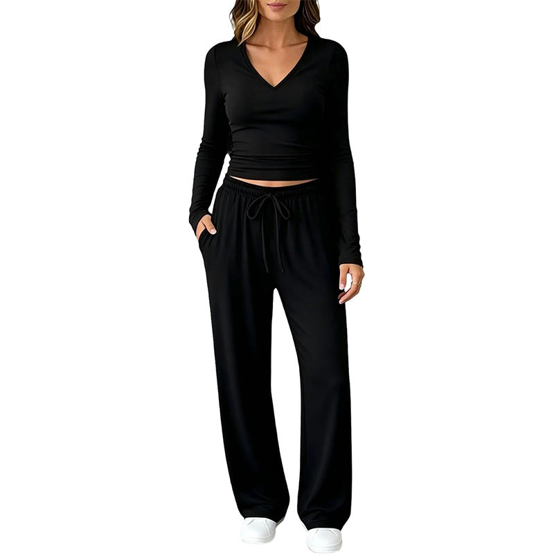 Women's Two-Piece Lounge Set with Fitted V-Neck Cropped Top and Loose Drawstring Pants Chichicherry