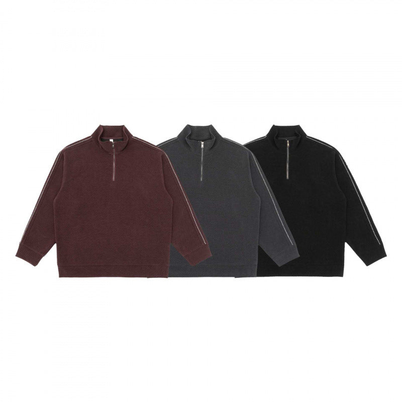 Unisex Short-Cut Structured Knit Half-Zip Sweater with Distinctive Contrast Stitch Chichicherry