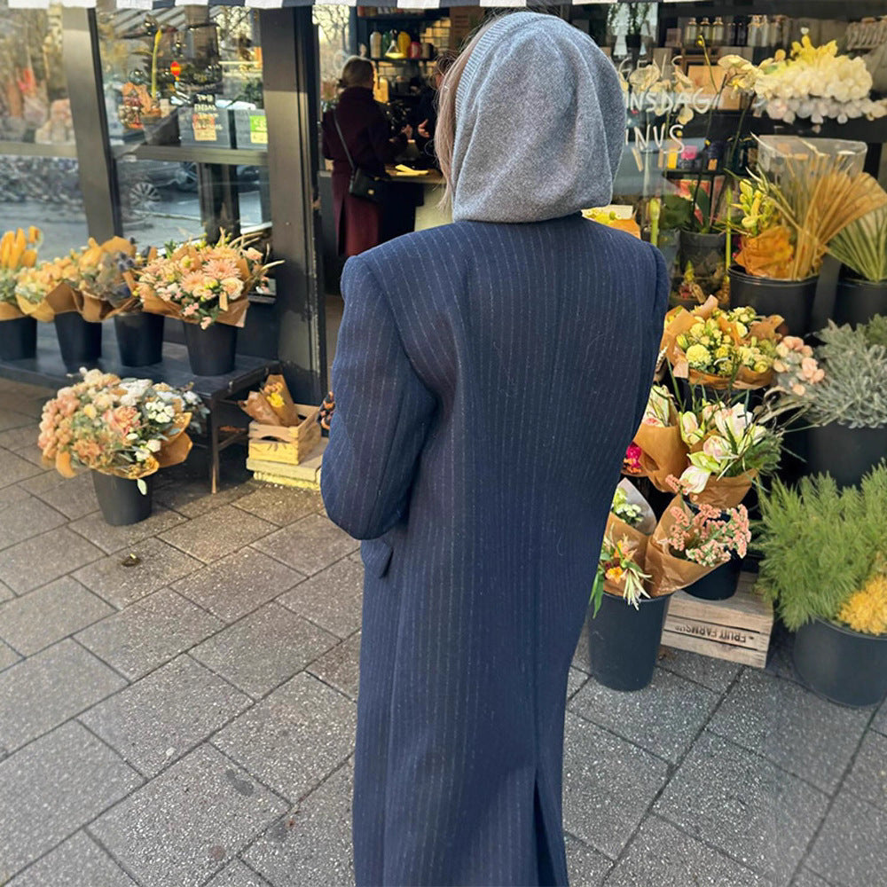 Women Long Cut Double Breasted Pinstripe Coat with Notch Collar Chichicherry