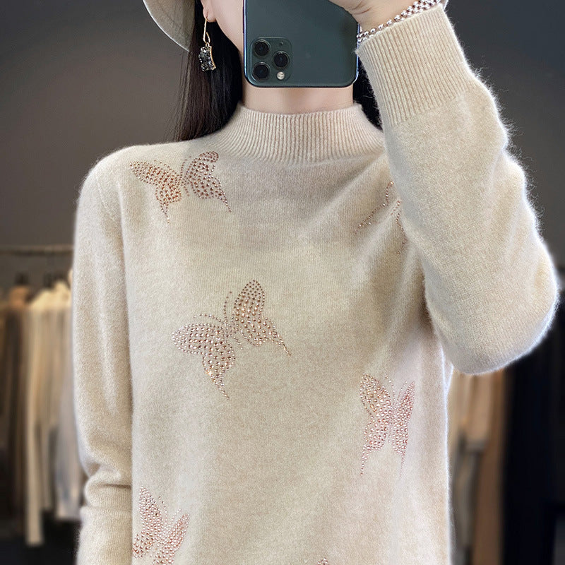 Ladies Stand Collar Fine Knit Sweater with Rhinestone Butterfly Appliqué Chichicherry