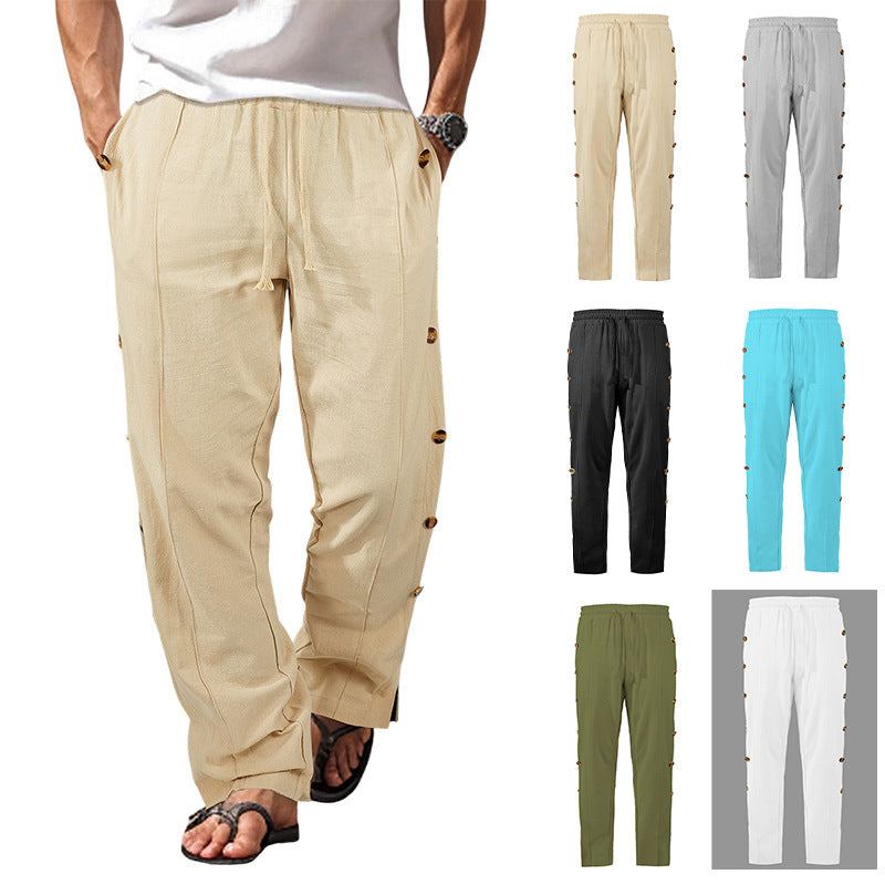 Men's Relaxed-Fit Casual Pants with Side Decorative Button Plackets, Elastic Waistband and Drawstring Chichicherry