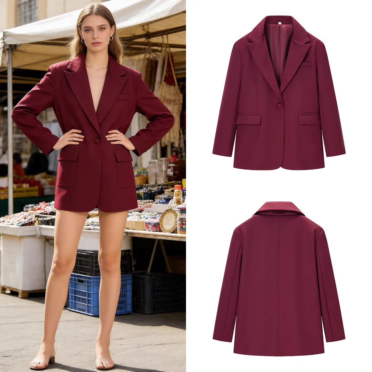 Women's Casual One-Button Blazer with Lapel Collar, Flap Pockets and Satin Lining Chichicherry