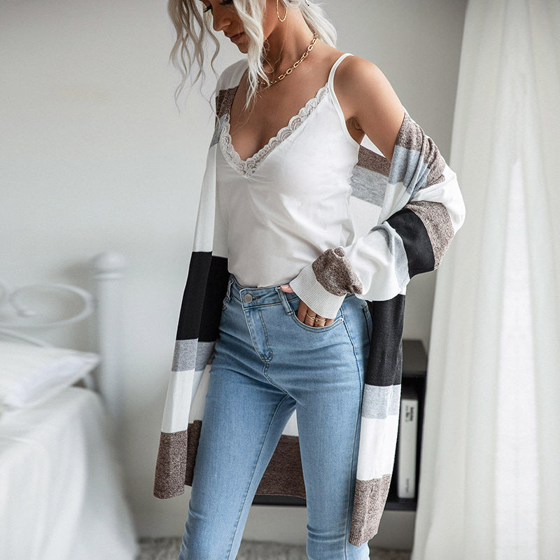 Women's Oversize Longer Knitted Cardigan with Block Stripes and Open Front Chichicherry