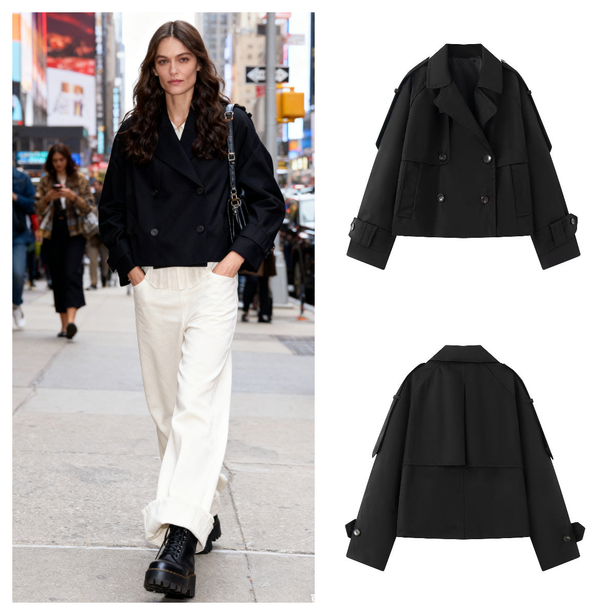 Women Short Cut Cropped Trench Coat with Double-Breasted Button Closure and Epaulets Chichicherry