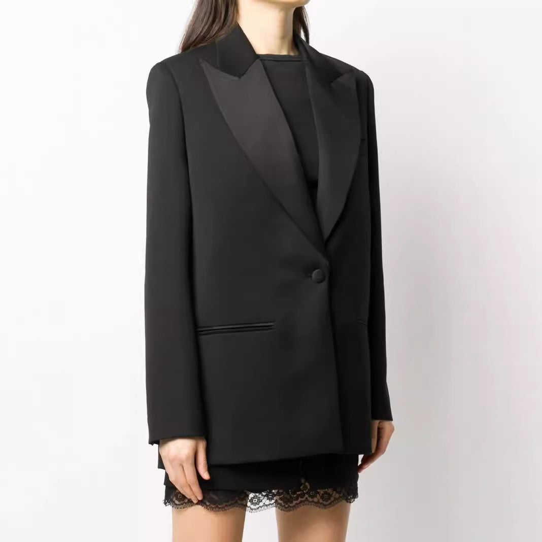 Women’s Oversized Single-Breasted Long Blazer with Satin Shawl Collar and Clean Tailoring Chichicherry