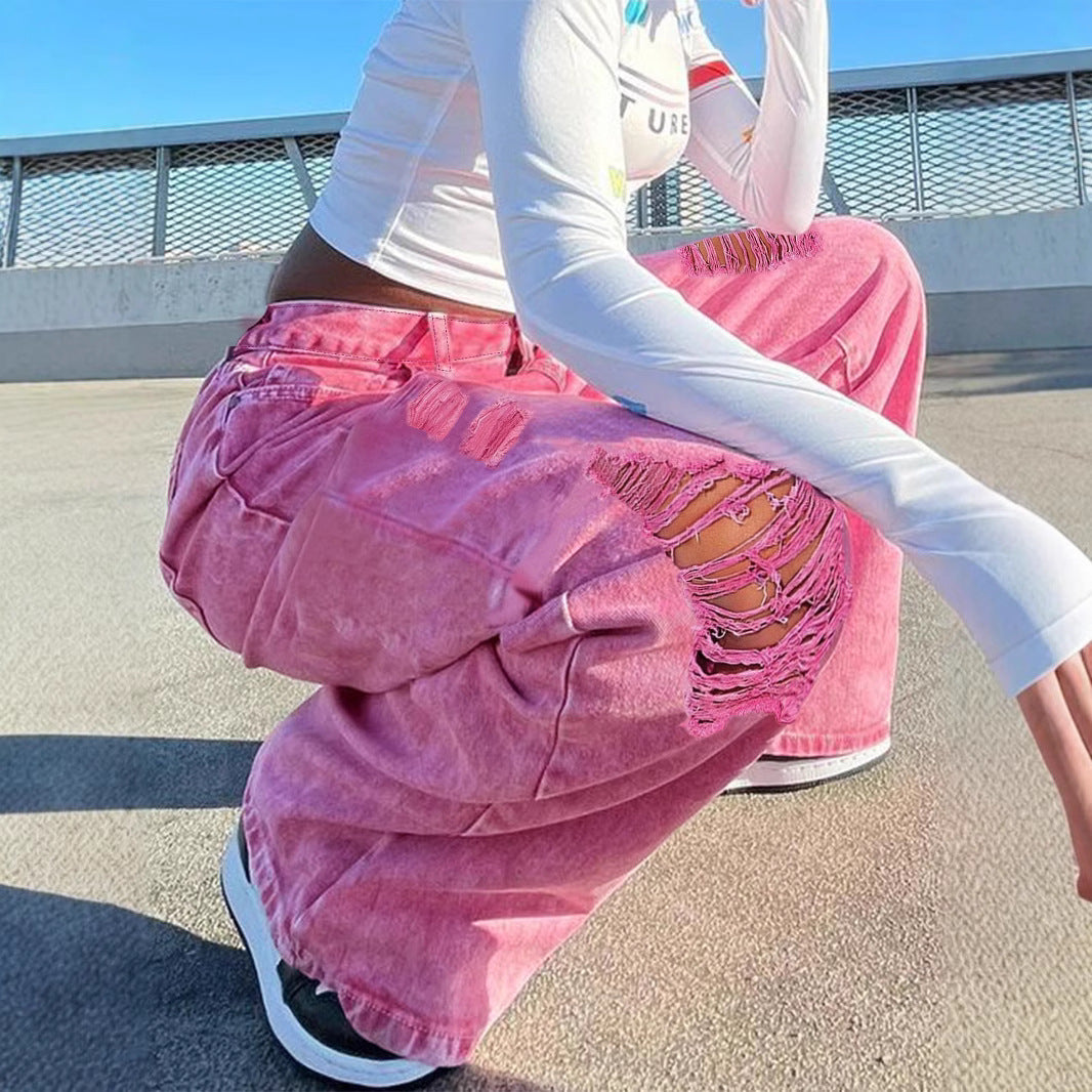 Women High-Waisted Wide Denim Palazzo Pants with Eye-Catching Ripped Inserts Chichicherry
