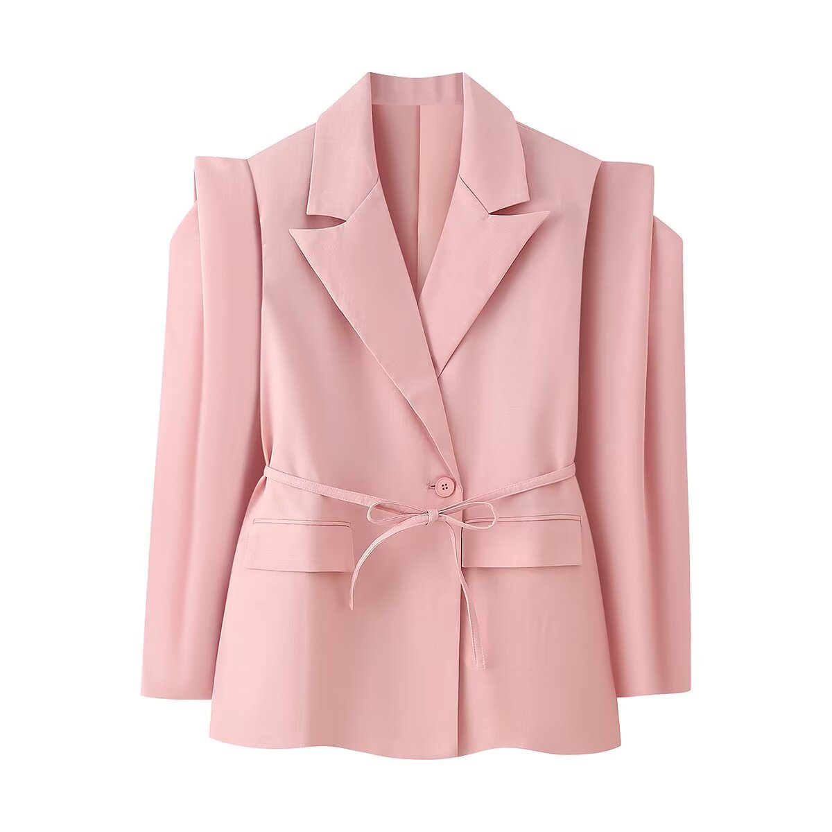 Women's Tailored One-Button Blazer with Tied Belt and Shoulder Cut-Out Chichicherry