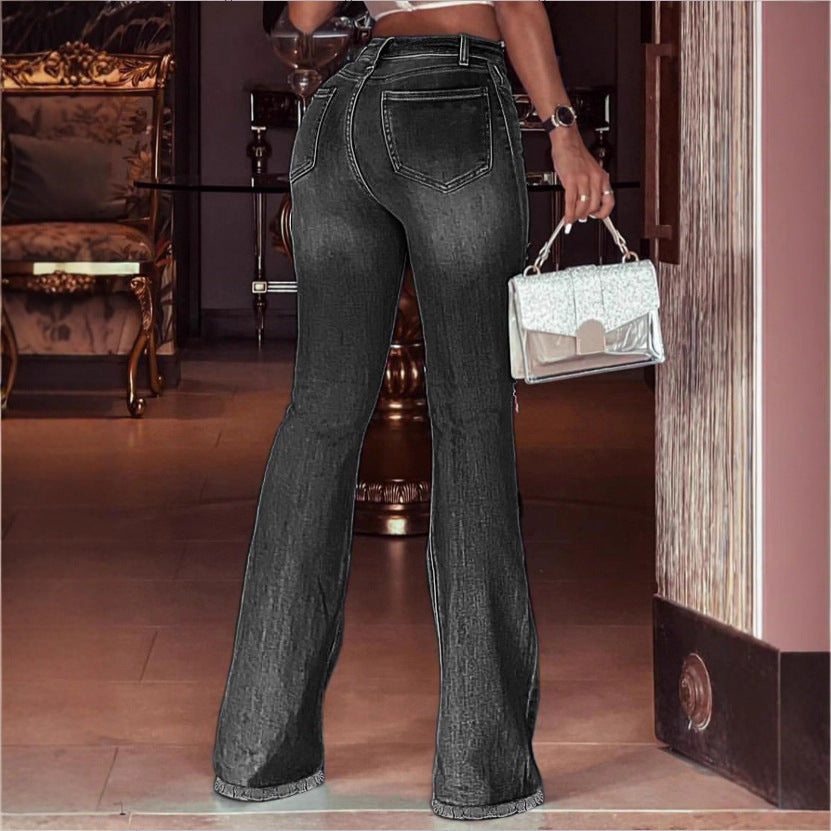 Women's High-Waisted Flared Jeans with Knee Rips, Frayed Hem and Flared Leg Chichicherry