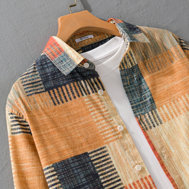 Men's Patterned Long Sleeve Shirt in Patchwork Look made of Light Cotton Mix Relaxed Fit Chichicherry