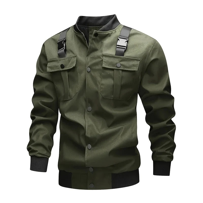 Men's Utility-Style Bomber Jacket with Shoulder Straps, Snap Button Placket & Flap Pockets Chichicherry