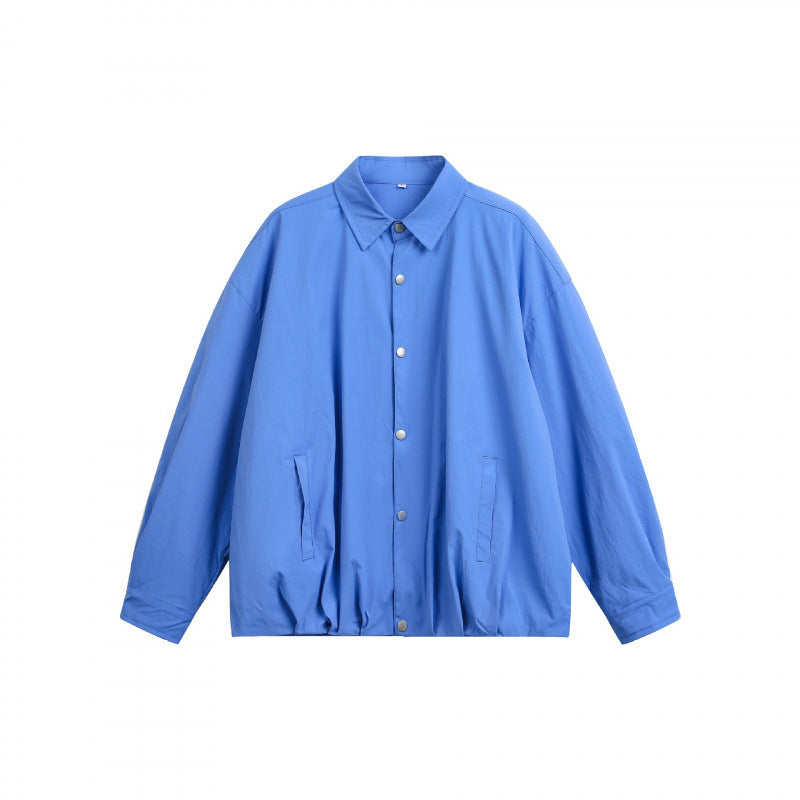 Unisex Boxy Shirt Jacket with Snap Button Placket, Shirt Collar and Elastic Hem Chichicherry