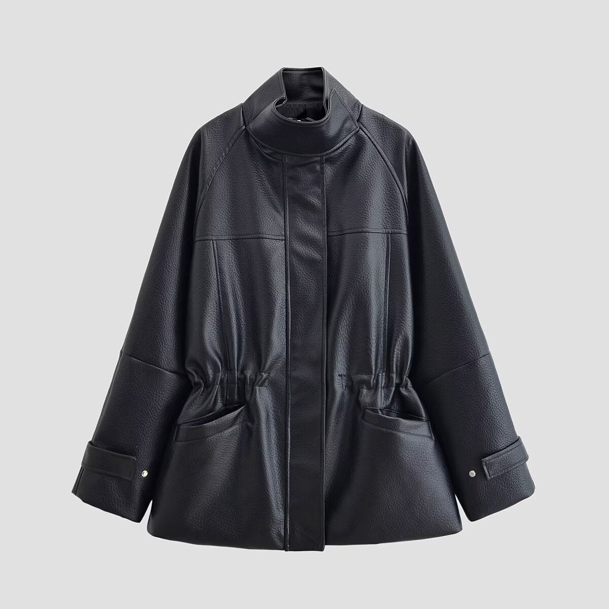 Women's Oversize Faux Leather Jacket with Stand-Up Collar, Drawstring Waist and Patch Pockets Chichicherry