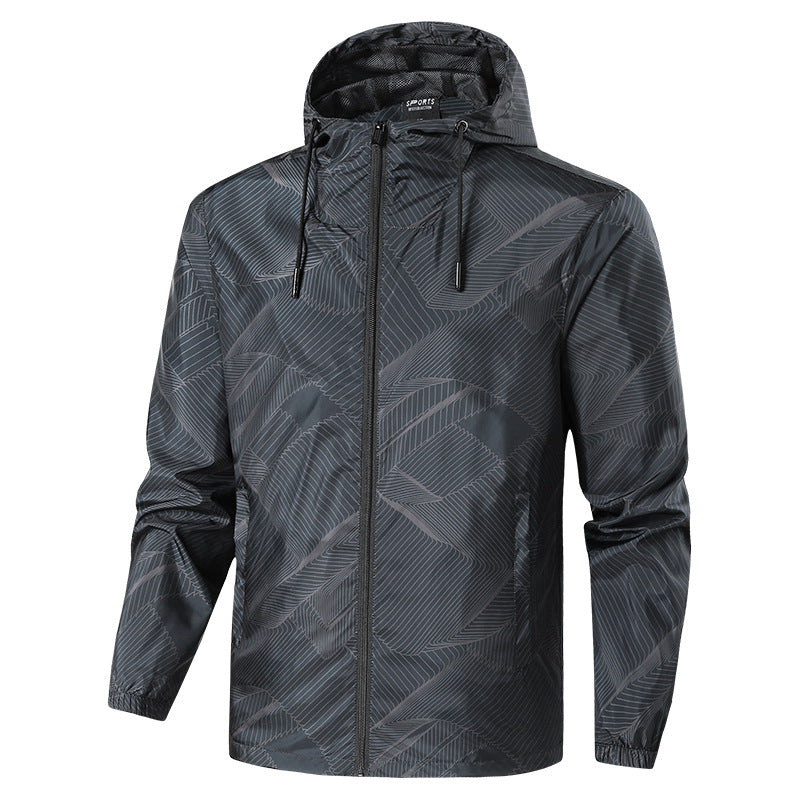 Men's Lightweight Hooded Windbreaker Jacket with Graphic Allover Print and Packing Function Chichicherry