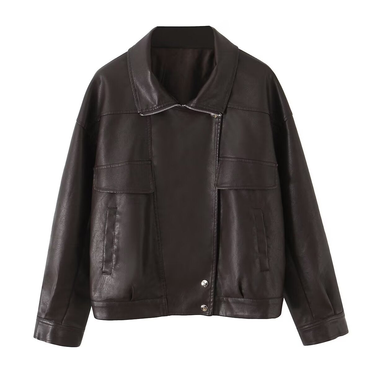 Women Oversized Faux Leather Bomber Jacket with Flap Pockets and Asymmetrical Zipper Chichicherry