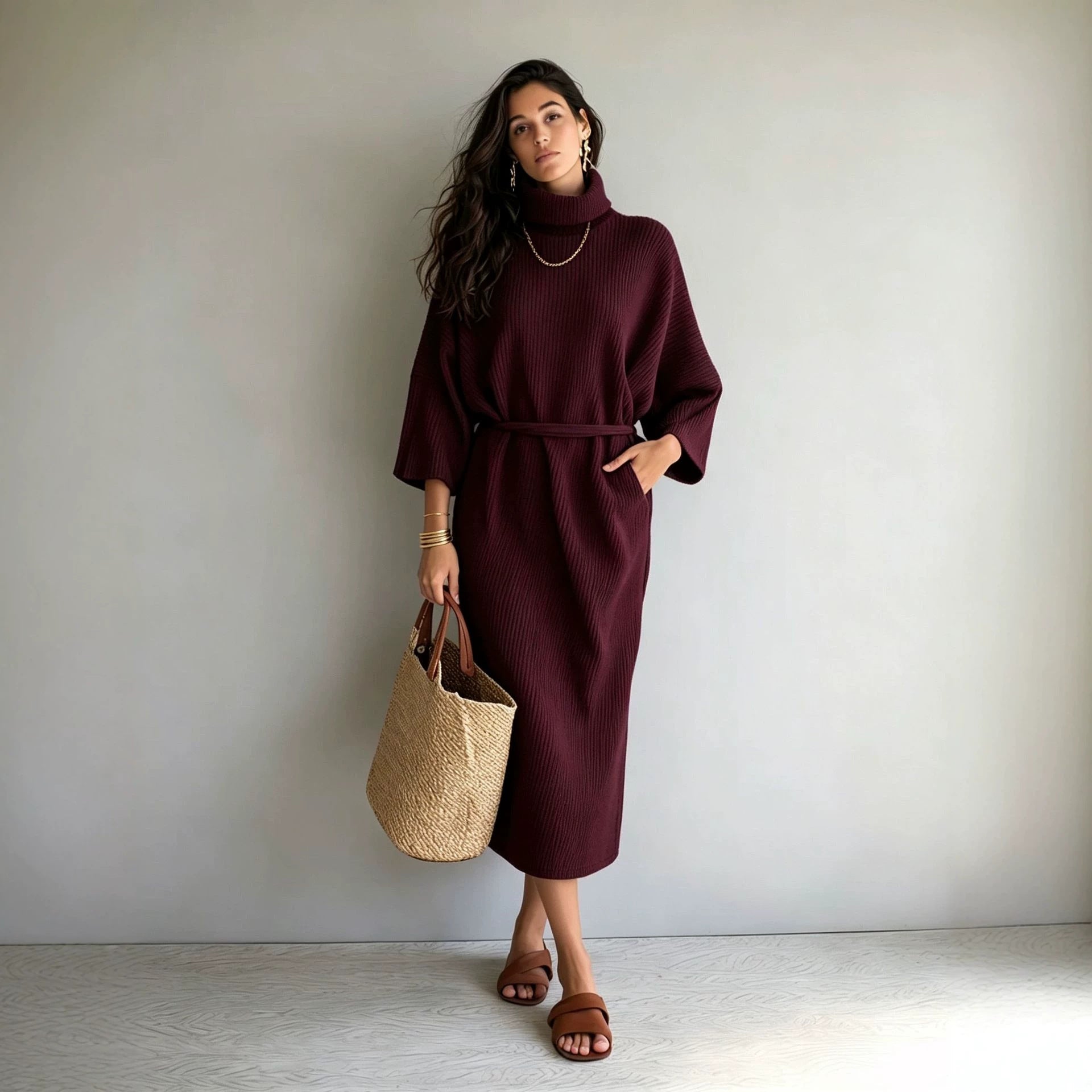 Women's mid-length ribbed knitted dress with turtleneck, three-quarter sleeves, and tie belt