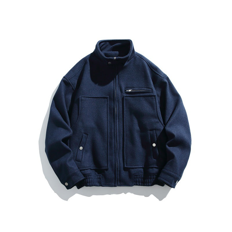 Men's short-cut boxy wool blend blouson with stand-up collar, elastic hem, and zippered chest pocket Chichicherry
