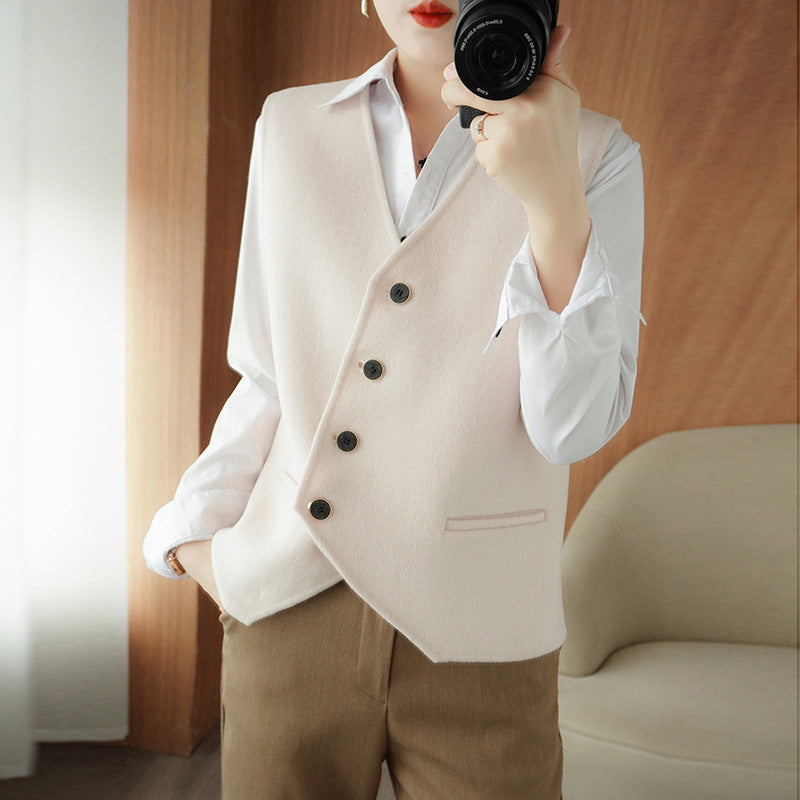 Ladies Tailored Wool Blend Vest with Asymmetrical Button Placket Chichicherry