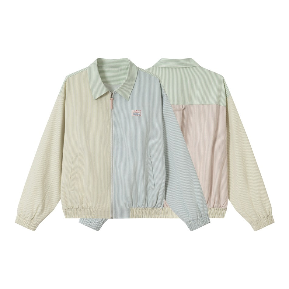 Unisex Striped Pastel Corduroy Jacket in Boxy Cut with Shirt Collar and Elastic Cuff Chichicherry
