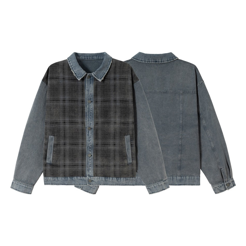 Unisex Boxy Denim Jacket with Checkered Front Panel, Contrasting Denim Sleeves and Snap Button Placket Chichicherry