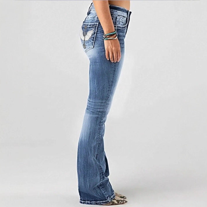 Women mid-rise bootcut jeans with vintage wash, light stretch and five-pocket design Chichicherry