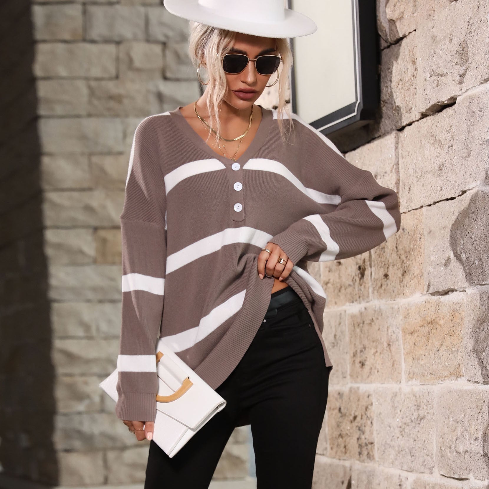 Women's Loose V-Neck Fine Knit Sweater with Button Placket and Dropped Shoulder Chichicherry