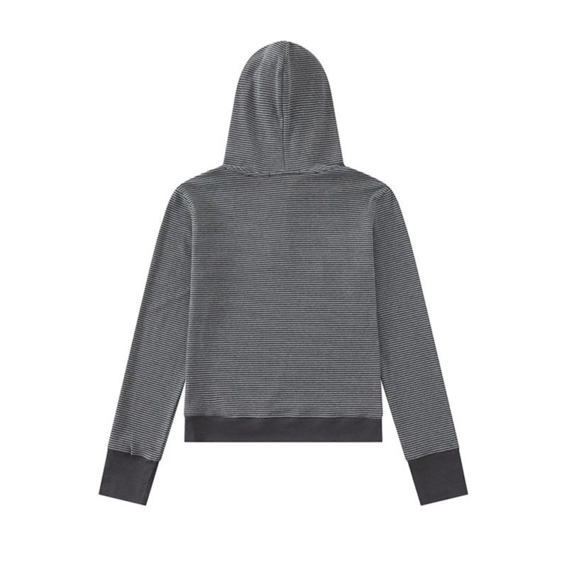 Ladies hooded henley pullover made of lightweight striped jersey with music print Chichicherry
