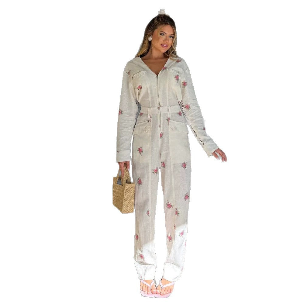 Women's Lightweight Long Jumpsuit with V-Neck, Zipper, Lace Inserts, and Floral Print Chichicherry