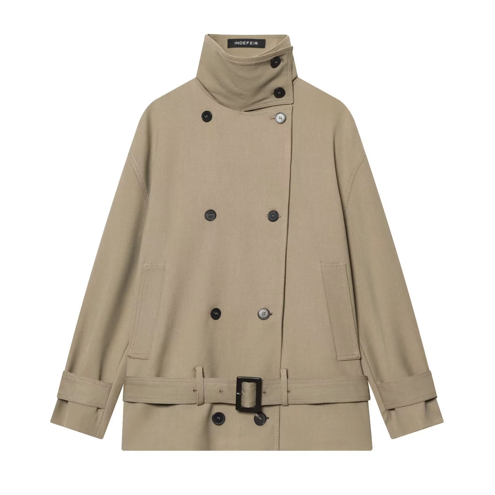 Women's short trench coat with double-breasted button placket, waist belt, and high standing collar Chichicherry