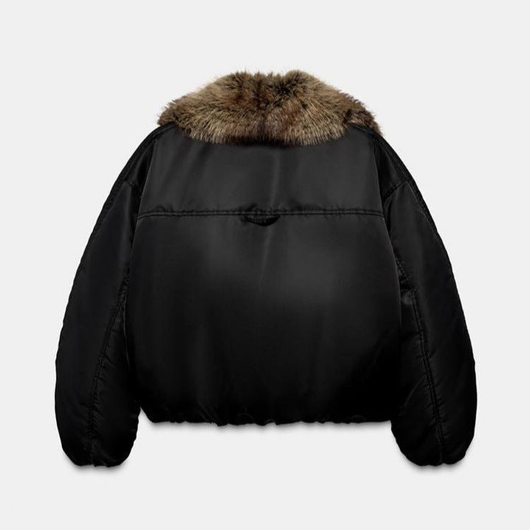 Women's Oversize Bomber Jacket with Voluminous Fur Collar and Satin Sleeves Chichicherry