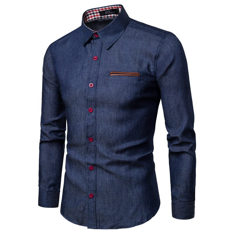 Men's Slim-Fit Stretch Denim Shirt with Check Collar and Decorative Chest Strip Chichicherry