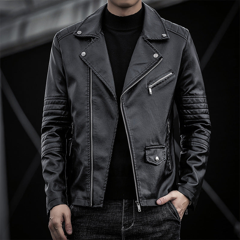 Men's slim fit faux leather moto jacket with quilted shoulder and sleeve detail Chichicherry